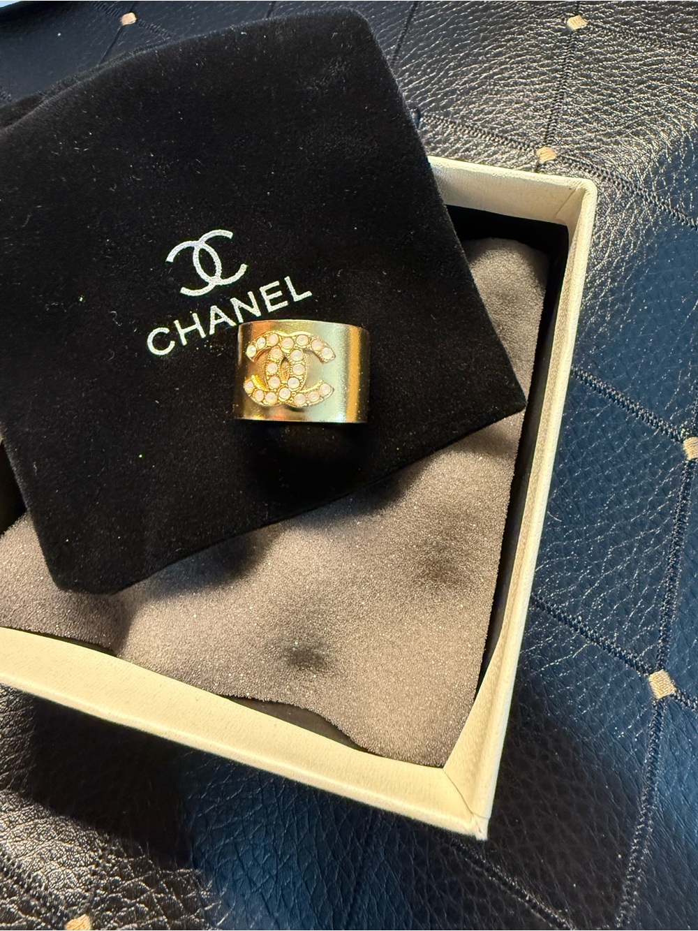 CHANEL Gold-Tone Crystal CC Wide Band Ring